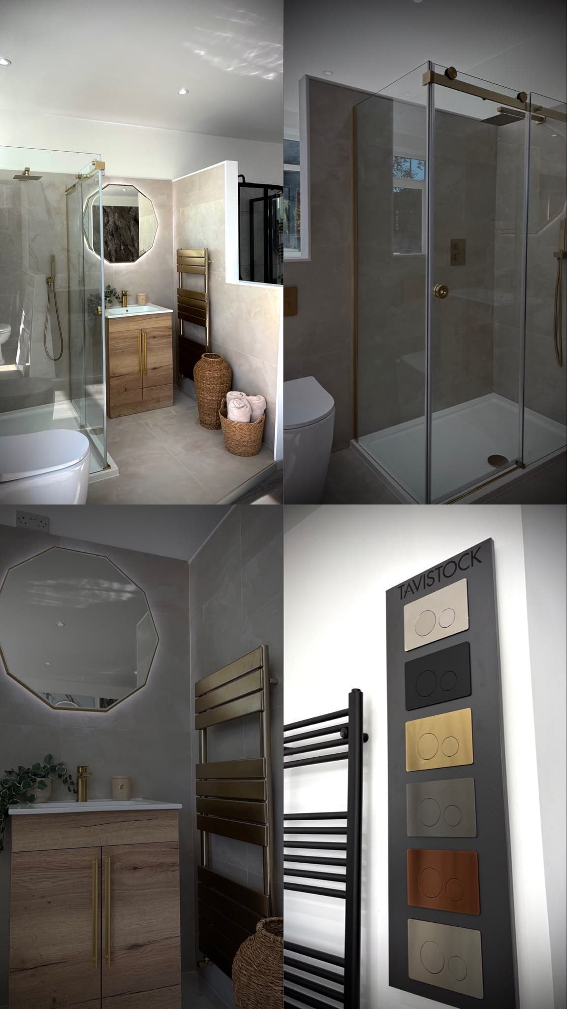 Collage of the brushed brass showroom suite with shower enclosure, oak vanity and flush plates