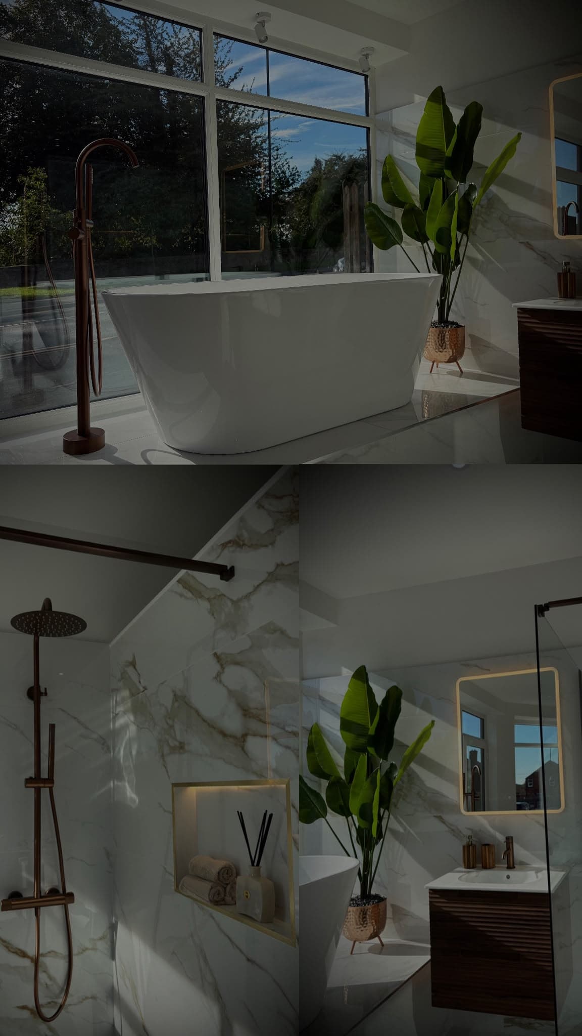 Collage of the copper and marble showroom suite: freestanding bath, rainfall shower and walnut vanity