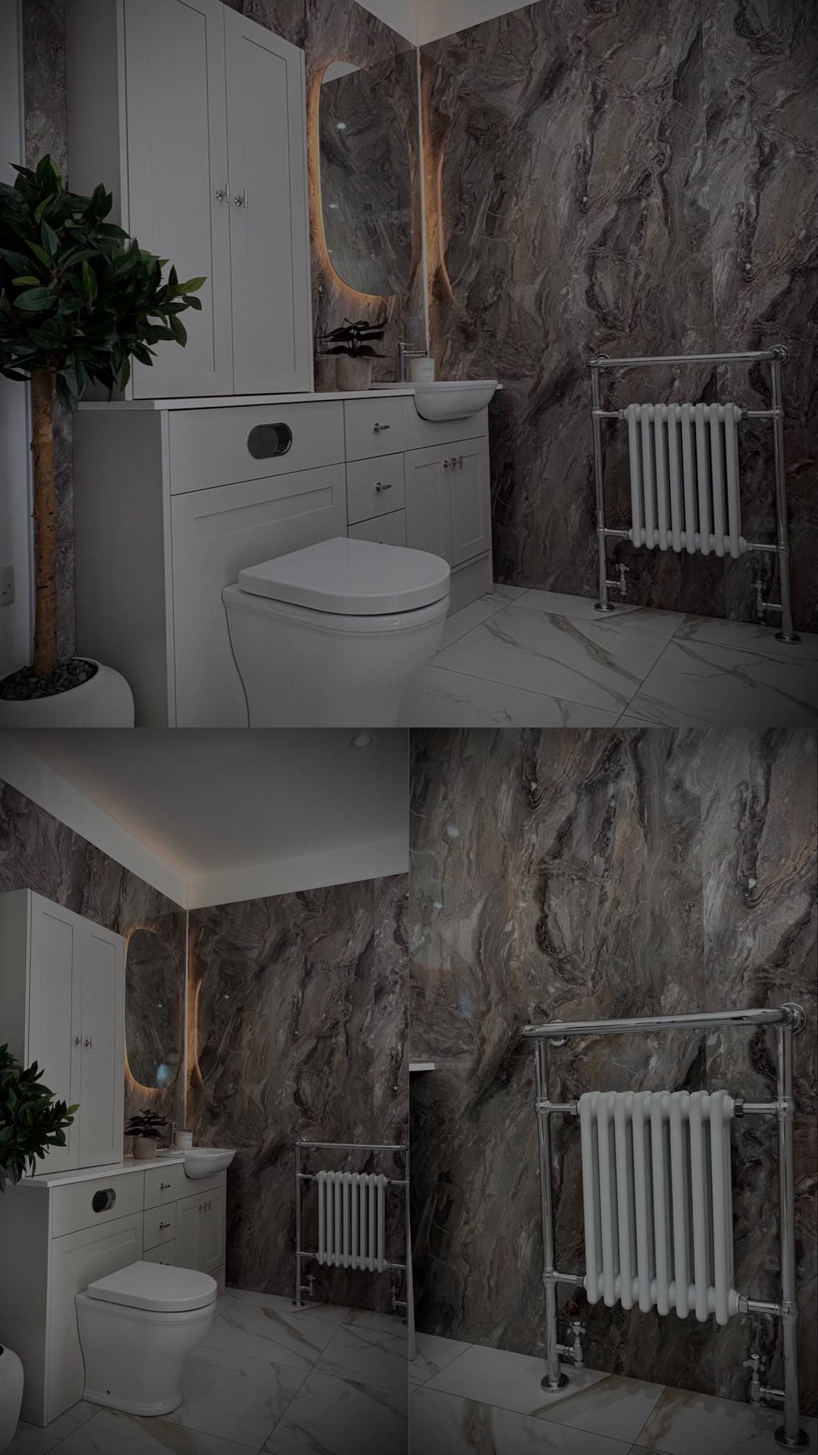 Collage of the dark marble cloakroom display with shaker furniture and column radiator