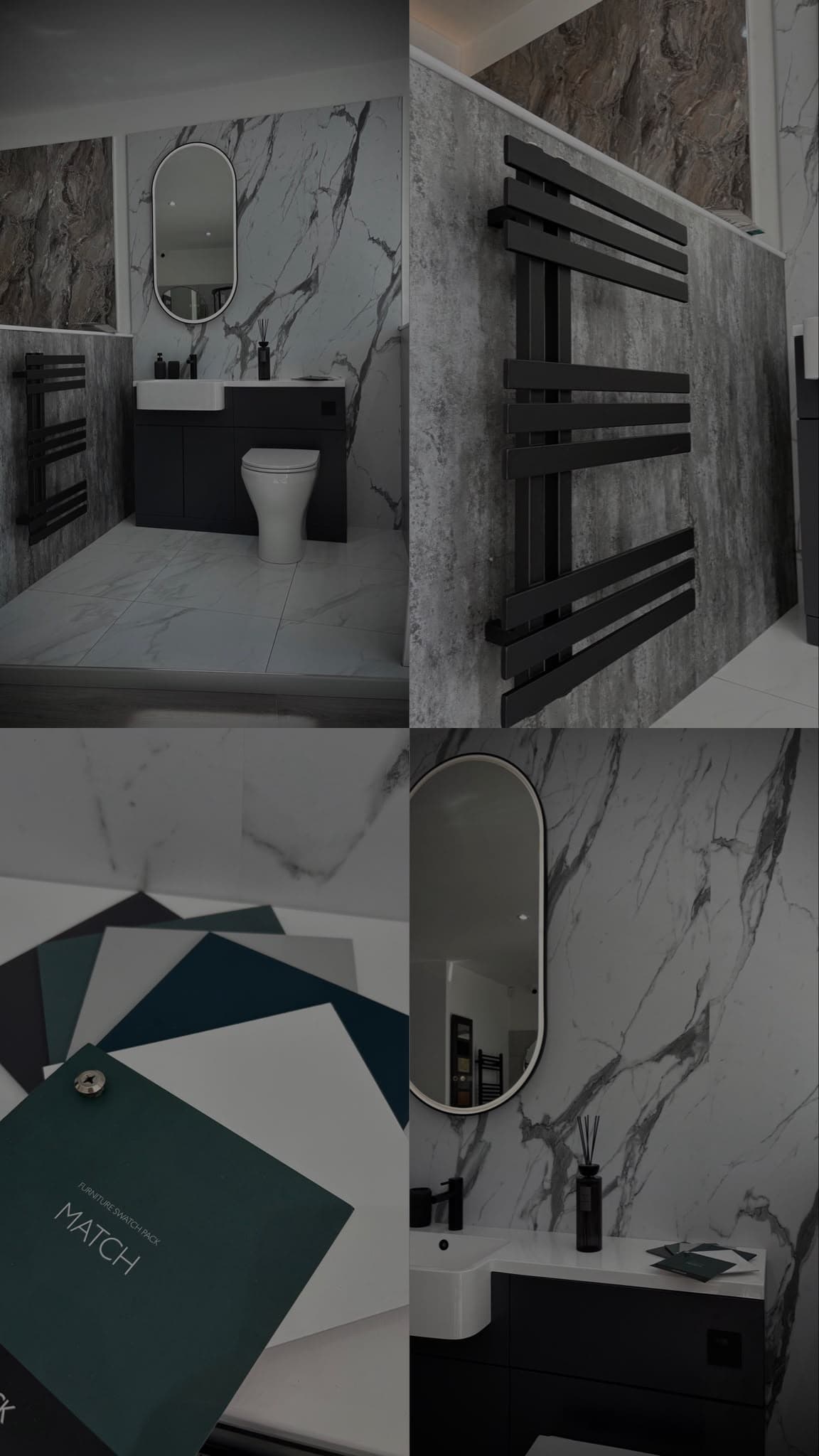Collage of the matt black and white marble showroom display with furniture swatches
