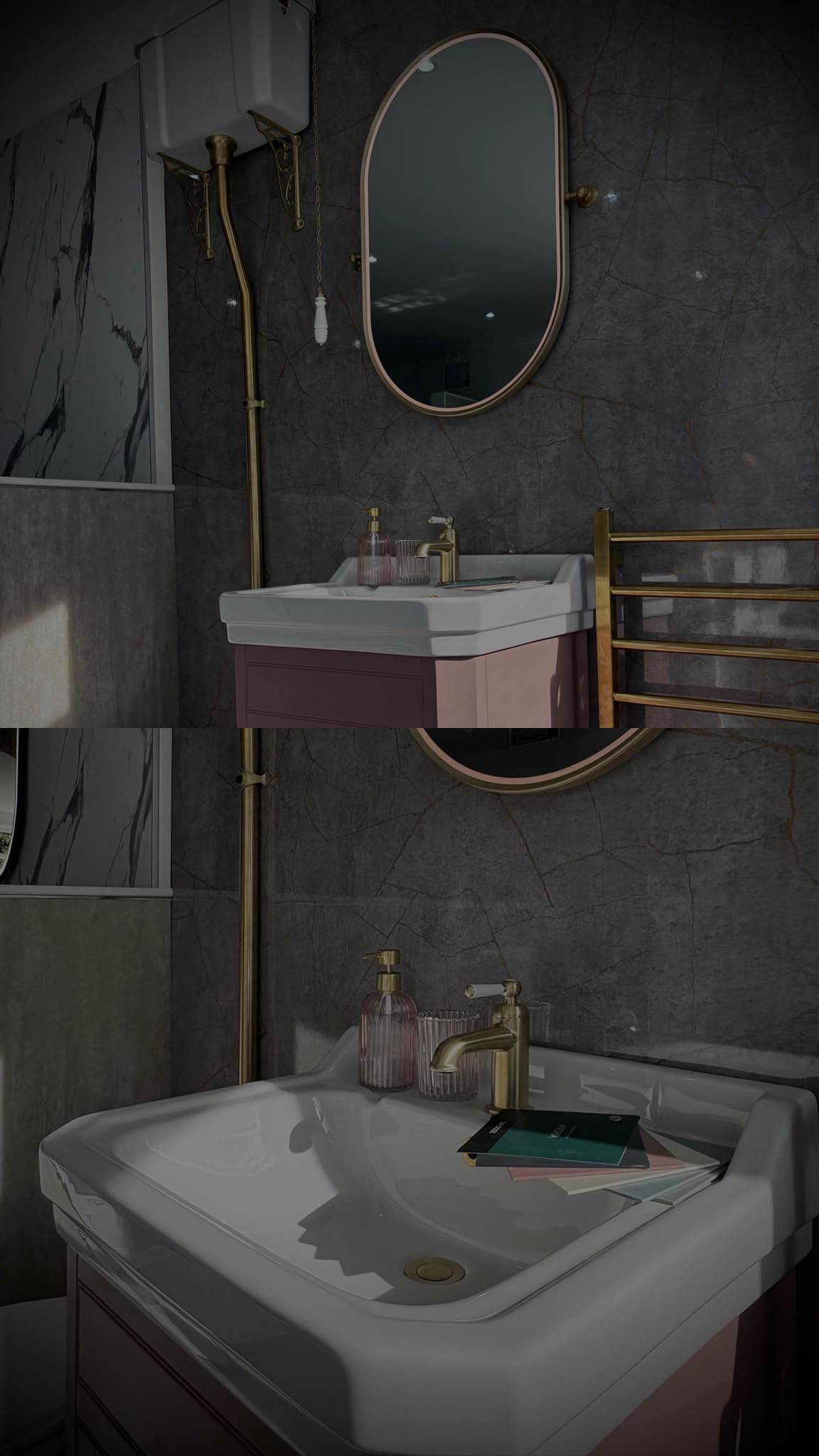 Collage of the traditional showroom bathroom with pink vanity and brass fittings