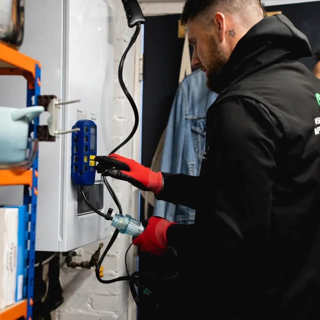 Engineer performing flue gas analysis during boiler service in Rotherham
